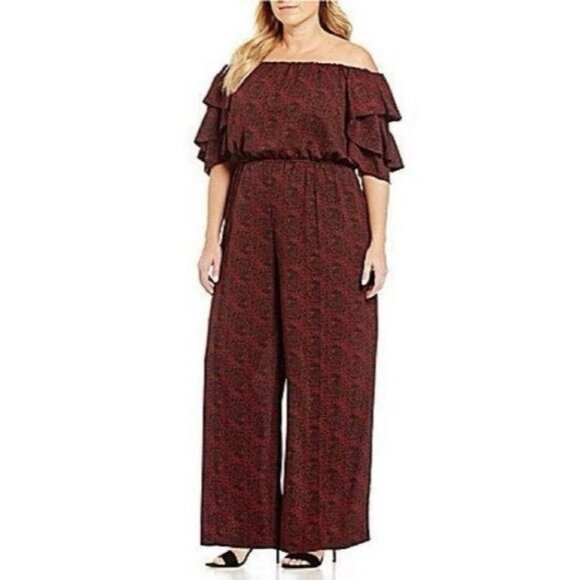 Gibson Latimer Women Jumpsuit Off-Shoulder Puff Butterfly Sleeves Burgundy L NWT - Picture 1 of 12